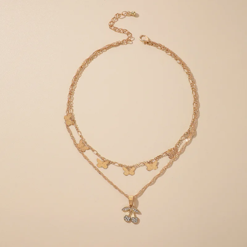 

New 2022 Diamond Cherry Double Layer Necklace Butterfly Disc Multi-layer Choker