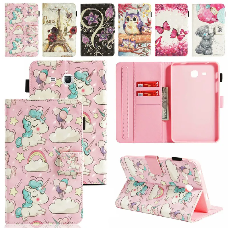 

Cute Cartoon Pattern Flip Case For Samsung Galaxy Tab A6 7.0 2016 SM-T285 T280 Shiny Card Holder Folding Bracket Tablet Cover