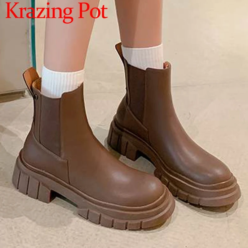 

Krazing Pot Full Grain Leather Round Toe Med Heels Chelsea Boots Thick Bottom Preppy Style Slip on Office Lady Joker Ankle Boots