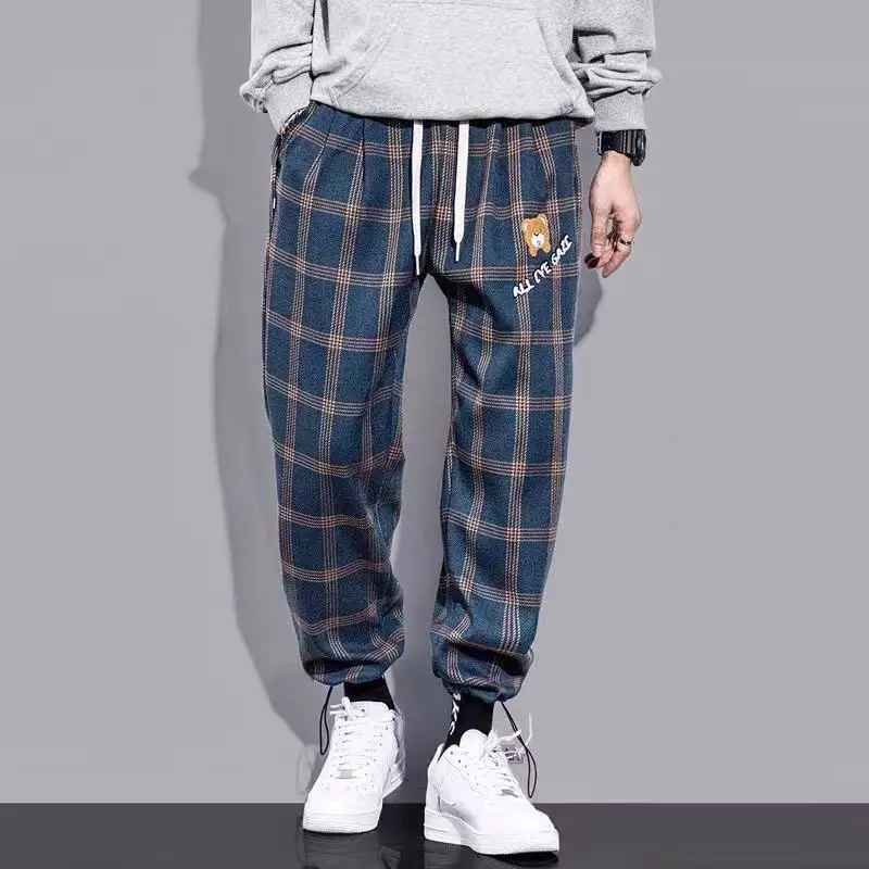 Vintage Harajuku Plaid Pants Men Streetwear Joggers Pants Sport Sweatpants Wide Leg Ankle Length Trousers Techwear Clothes