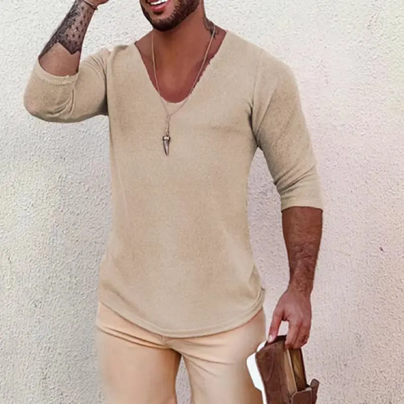 

Tee Shirts 2022 Fashion All-match Rib Tops Shirt Knitted Pullover Sleeve New V-neck Solid Long Autumn Casual Mens Retro Skinny