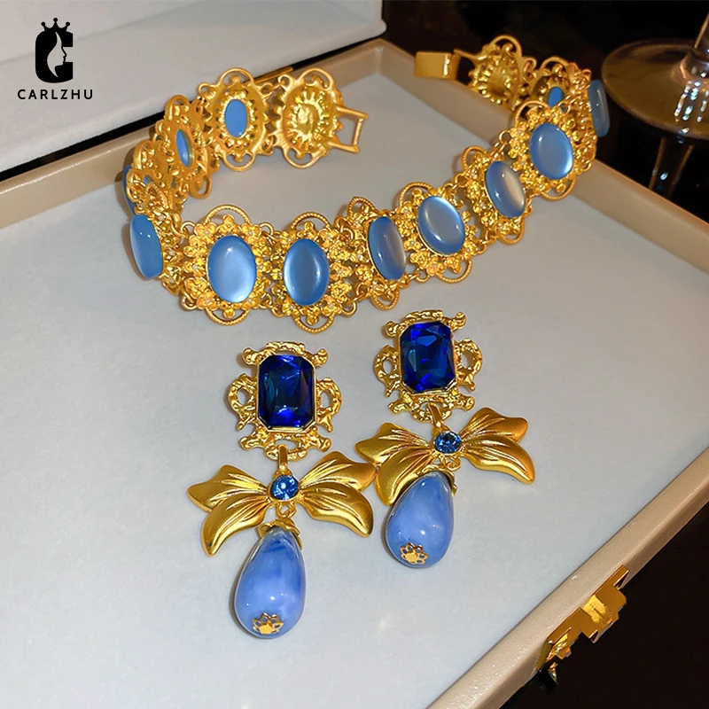 

Medieval Vintage Rhinestone Geometric Bowknot Water Drop Earring French High Quality Chokers Necklace and Earrings Jewelry Set