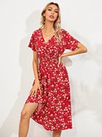 women dresses summer 2022 sexy v neck floral print boho beach vestido ruffle short sleeve a line long fashion wrap sundress robe