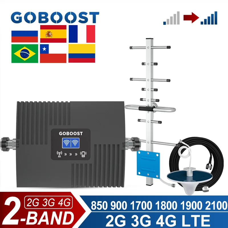 

GOBOOST 2 Band Signal Booster 2G+3G+4G LTE Cellular Amplifier Network Repeater 850 900 1700 1800 1900 2100 MHz Cell Booster Kit