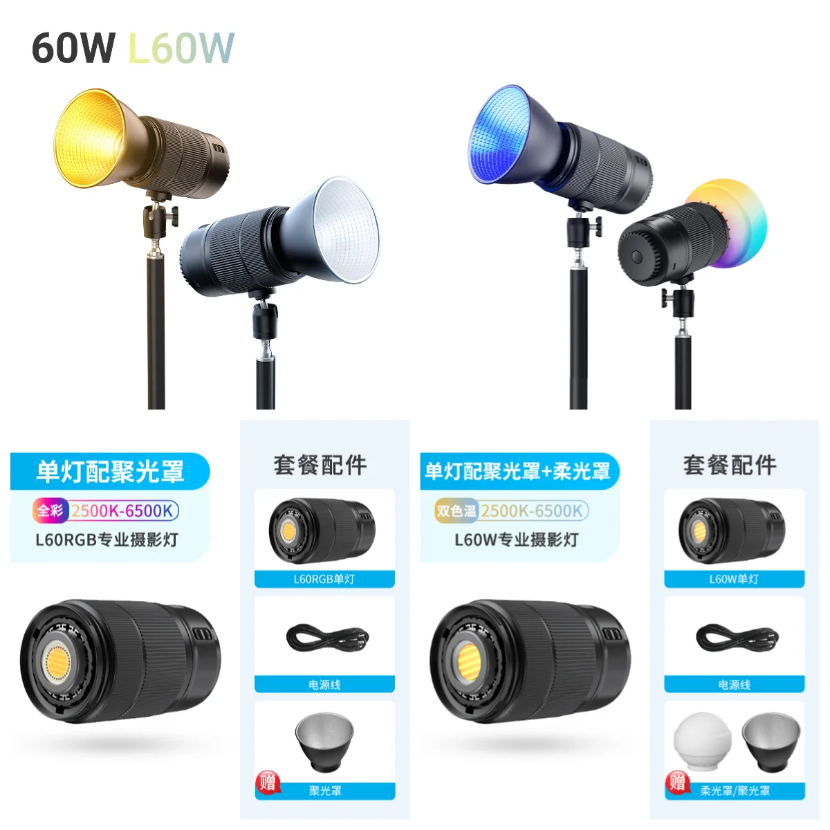 Фото Светодиодный светильник LUXCEO L60 для фото- и видеосъемки, RGB, двухцветный, миниатюрный, портативный, с батареей 2500 мАч, COB-подсветка. №1