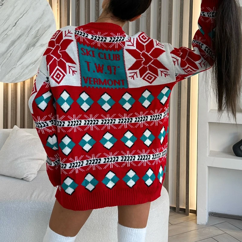 Элегантный фестивальный свитер с круглым вырезом зима 2024 рождественские вязаные