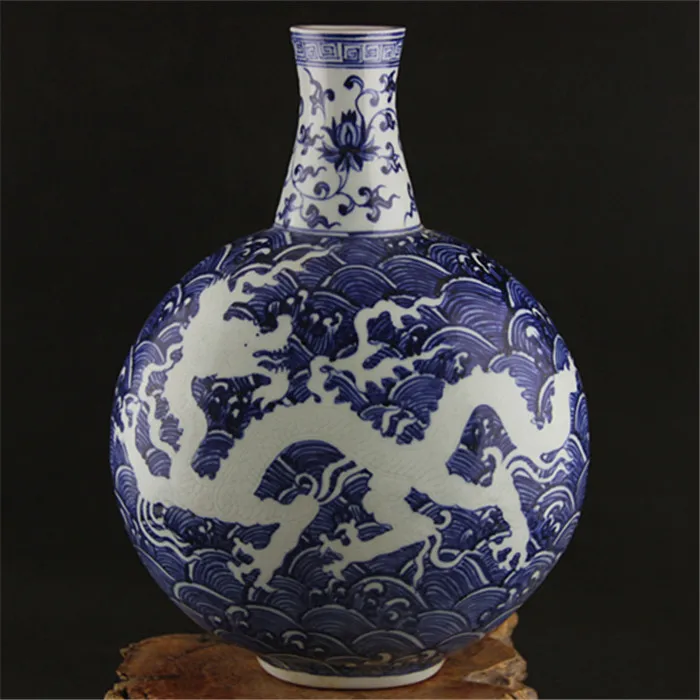 

Антикварная сине-белая фляжка Ming Yongle ваза морской Дракон узор с вазой