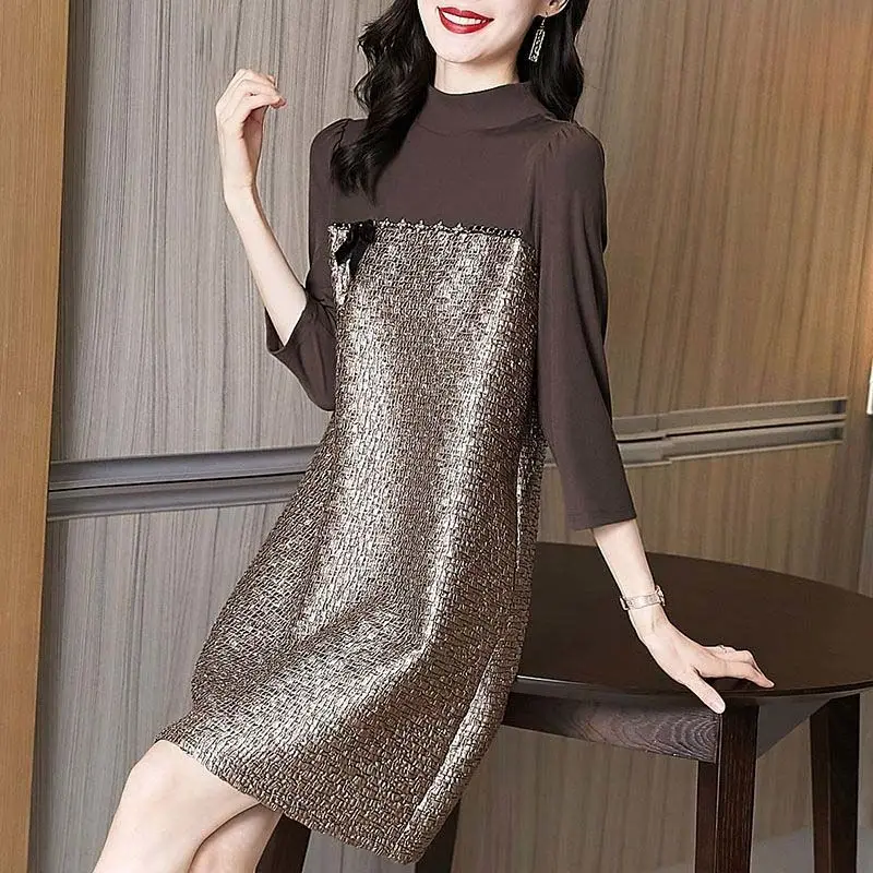 

Spring Autumn Women Sequins Knee Length Dress Fashion Half High Collar Women Three Quarter Sleeve Elegant Party Dress K40