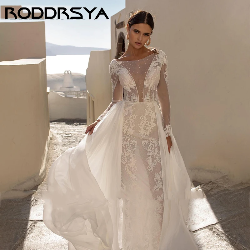 

RODDRSYA Romantic Boat Neck Tulle Mermaid Wedding Dress Elegant Applique Removable Trail Bride Party Sexy Long Sleeve Backless