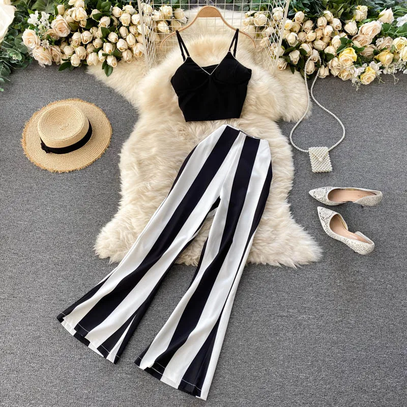 

FMFSSOM 2022 Women Suit 2 Piece Set Short High Waist Black and White Striped Wide Leg Pants Sexy Party Club