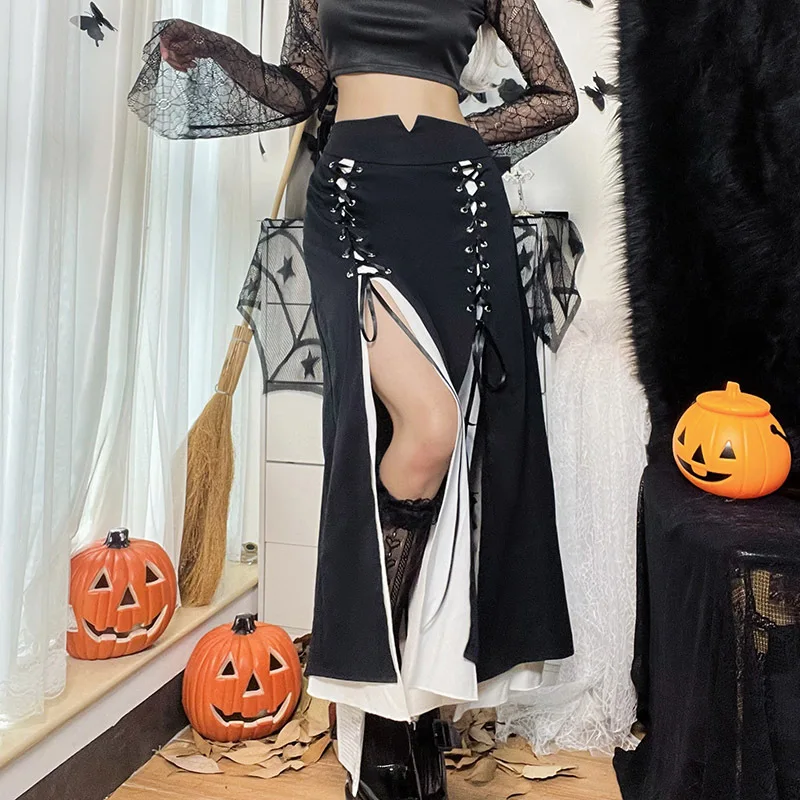 

Women Streetwear Sexy Punk Grunge High Waist Skirt Elegant Club Party Skirts Gothic Summer Black Split Midi Skirt