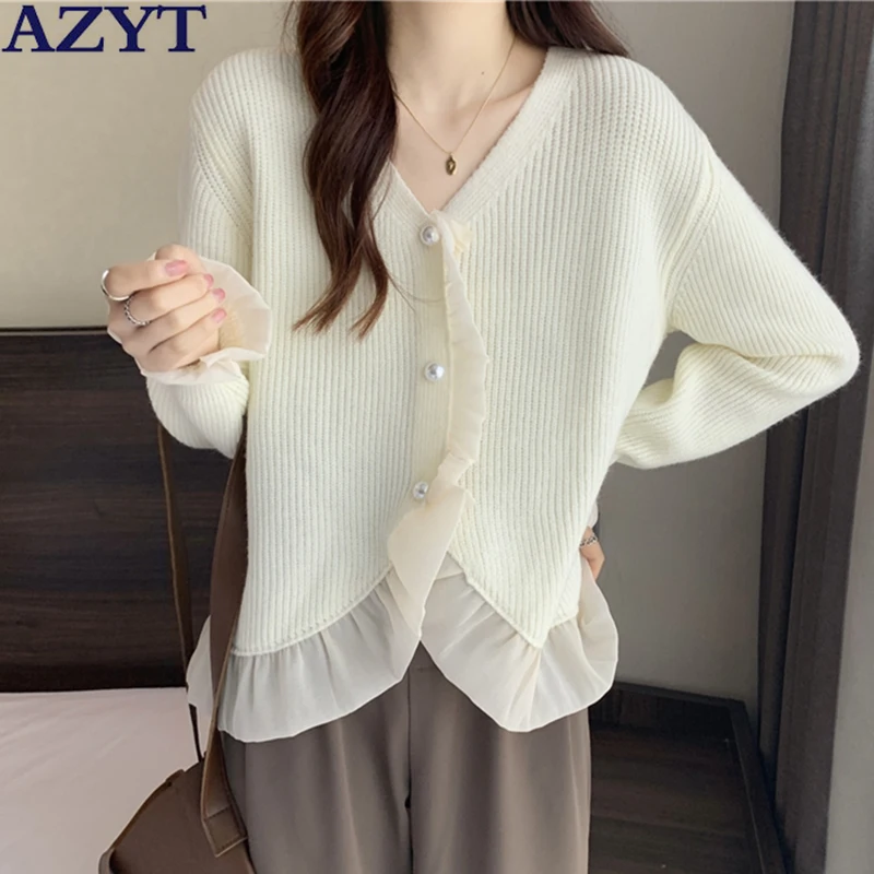 

AZYT 2022 New Ruffled Patchwork Knit Cardigan Female Korean Loose Soft Women's Sweater Cardigan Single-breasted Sweater Coat