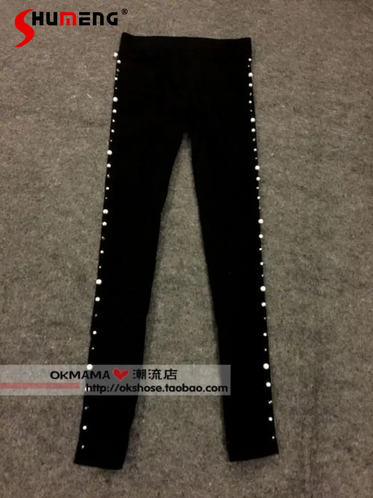 Black Fleece-Lined Hand-Stitched Pearl Rivets Stretch Pencil Pants Autumn and Winter Women 2022 Thickened Ankle-Length Leggings