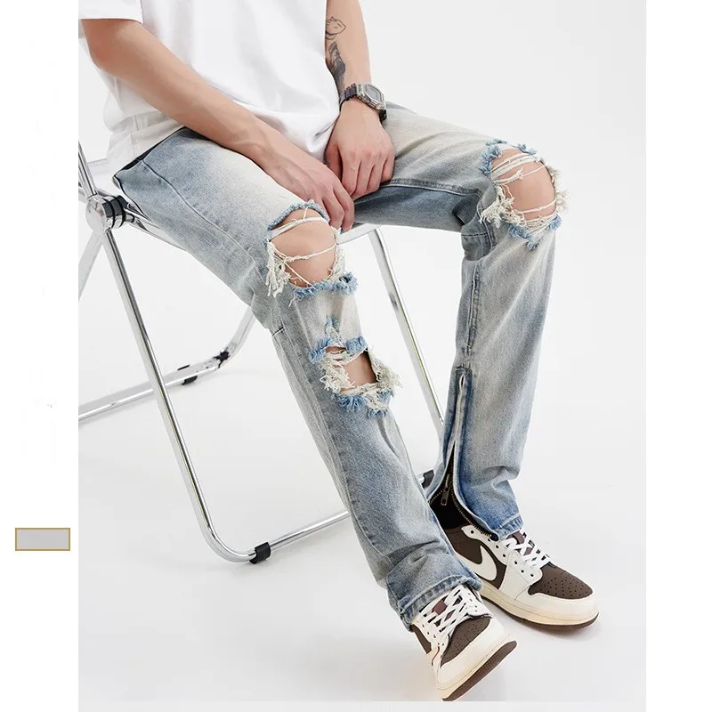 Light Blue Jeans Men's High Street Ripped  Pants  2023 Summer Tide Brand Loose Straight Retro Hip Hop Wash Designer Vintage