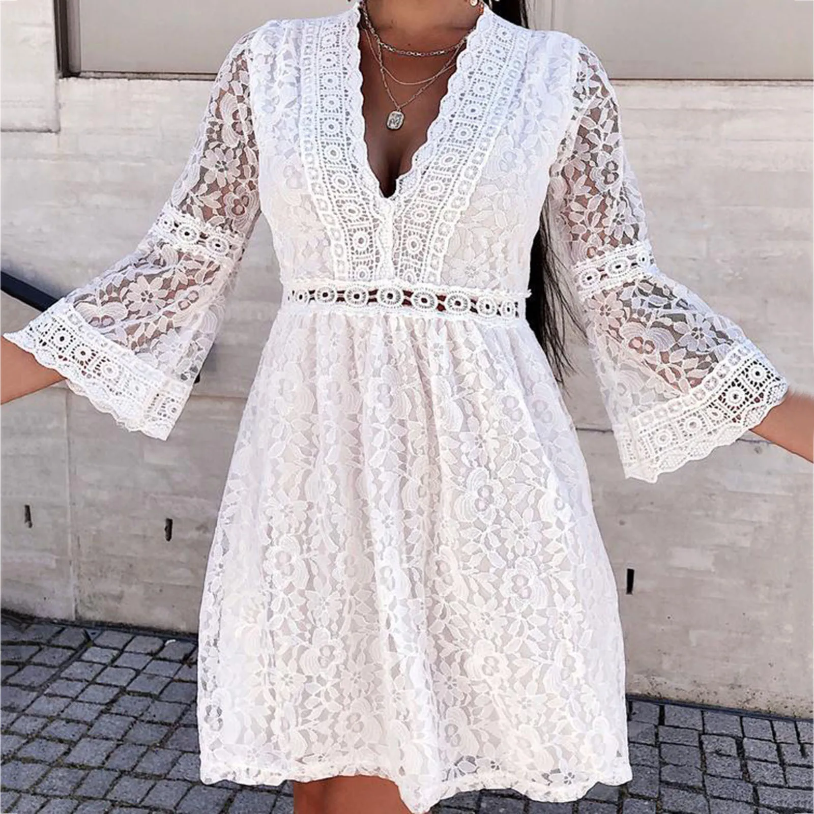 Женское пикантное модное однотонное белое кружевное платье-труба с V-образным