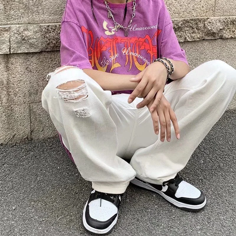 Summer White Hole Jeans Men Fashion Casual Baggy Straight Jeans Men Streetwear Loose Hip Hop Ripped Denim Pants Mens Trousers