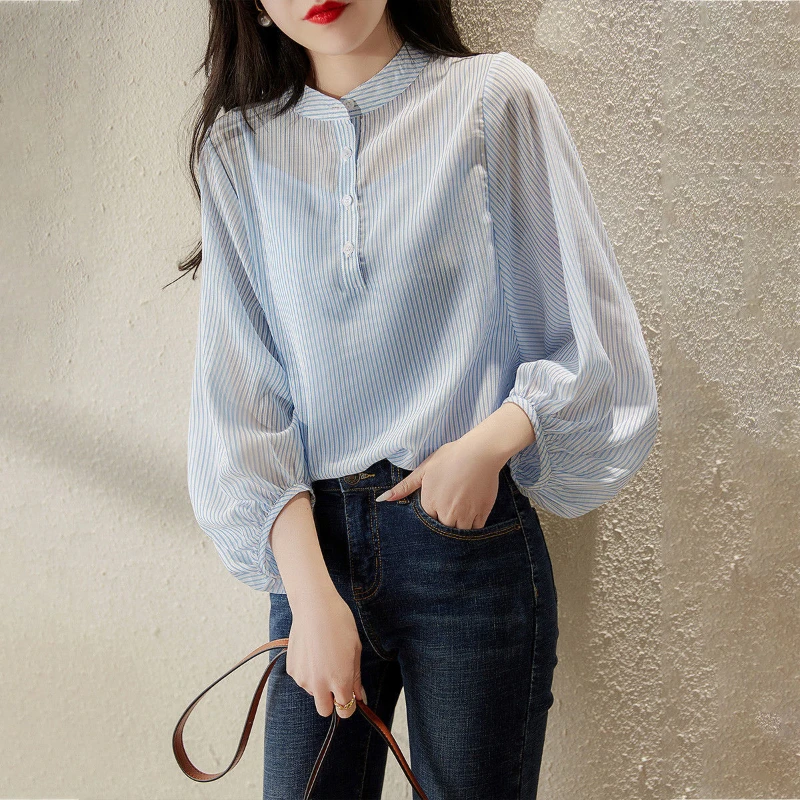 2023 Spring and Autumn New Blue Stripe Shirt Women's 3/4 Sleeve Lantern Sleeve Shirt Women blouse women