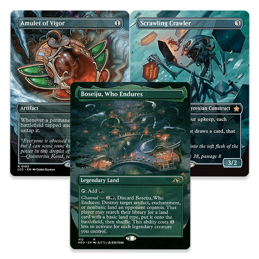 Фото Коллекционные карточки TCG Magical Holo Game Collection: Amulet of Vigor/Scrawling Crawler/Boseiju, Who Endures — подарок на праздник для мальчиков №1