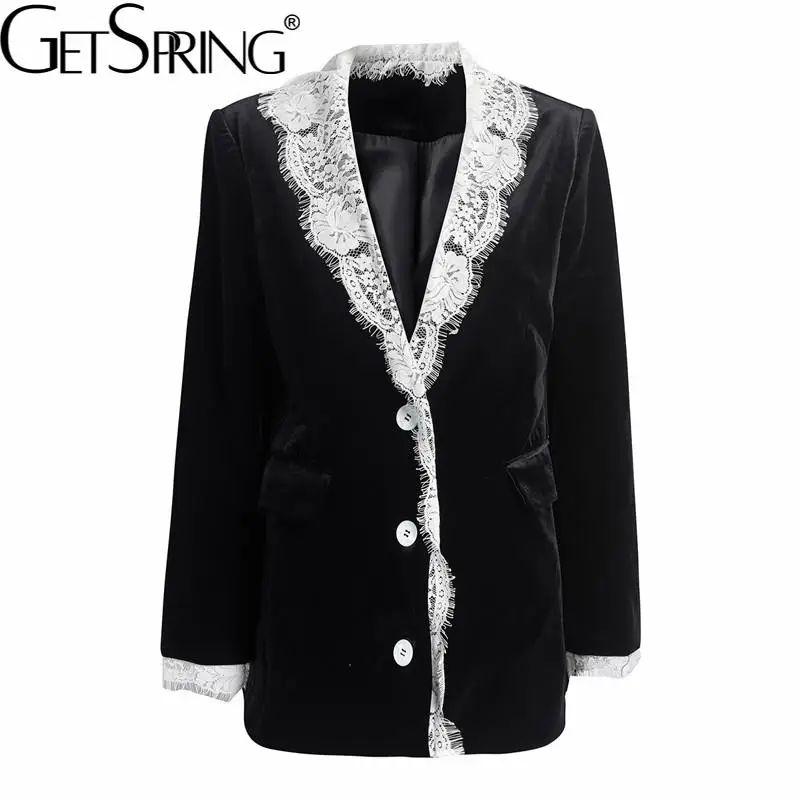 

Getspring Women Blazer Lace Patchwork Velvet Blazers And Jackets Black White Color Matching Vintage Fashion Suit Coats 2022 New