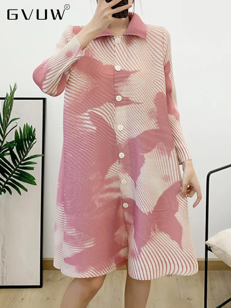 

GVUW Bows Print Pleated Dress Women Contrast Color Long Sleeve Single Breasted Dresses Female 2023 New Spring Fashion 17G0900