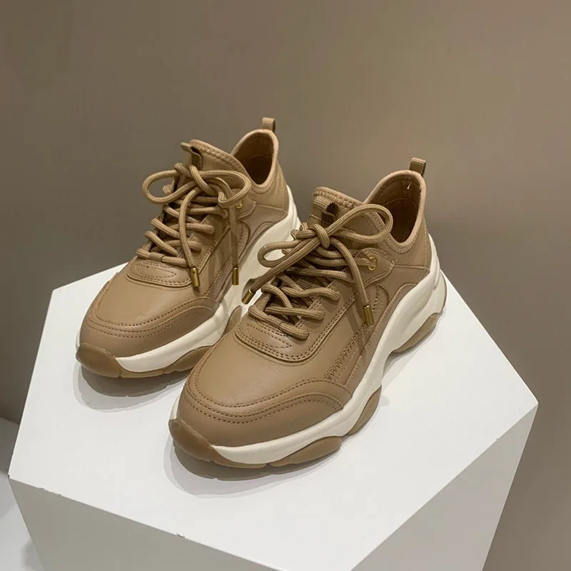 

Spring New Fashion Platform Vulcanized Shoes Women Cowhide Fabric Patchwork Lace-up Thick Sole Sneakers 2023 Luxury Chaussure