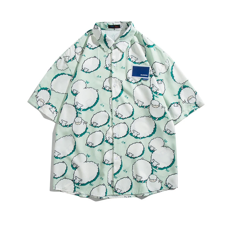 

Tropical Hawaiian Shirt Men Summer Harajuku clothes sheep Print Blouse Streetwear Button up Beach Shirt Fast Drying Short Sleeve