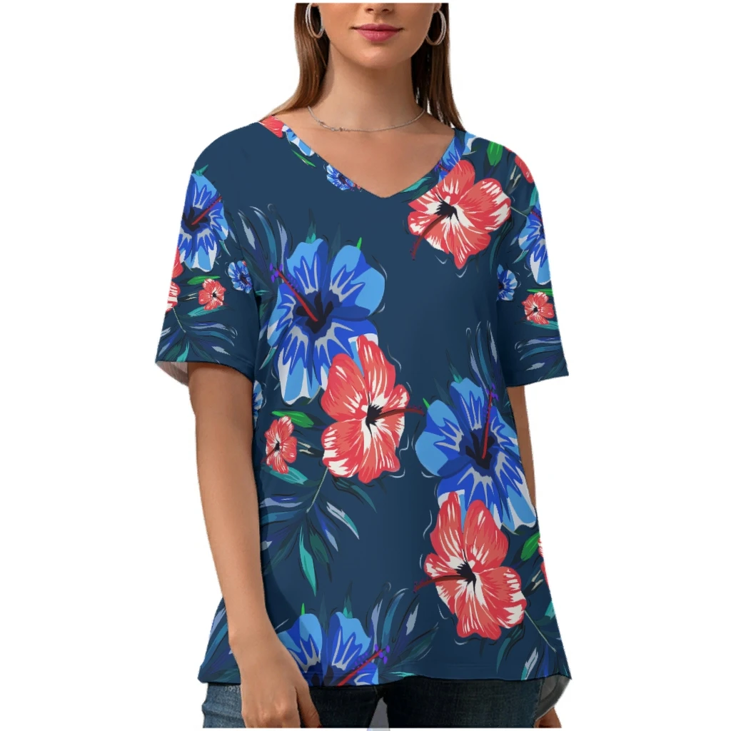 

Футболка женская оверсайз с коротким рукавом, свободная рубашка из полиэстера в стиле ретро, с цветочным принтом, с V-образным вырезом, лето