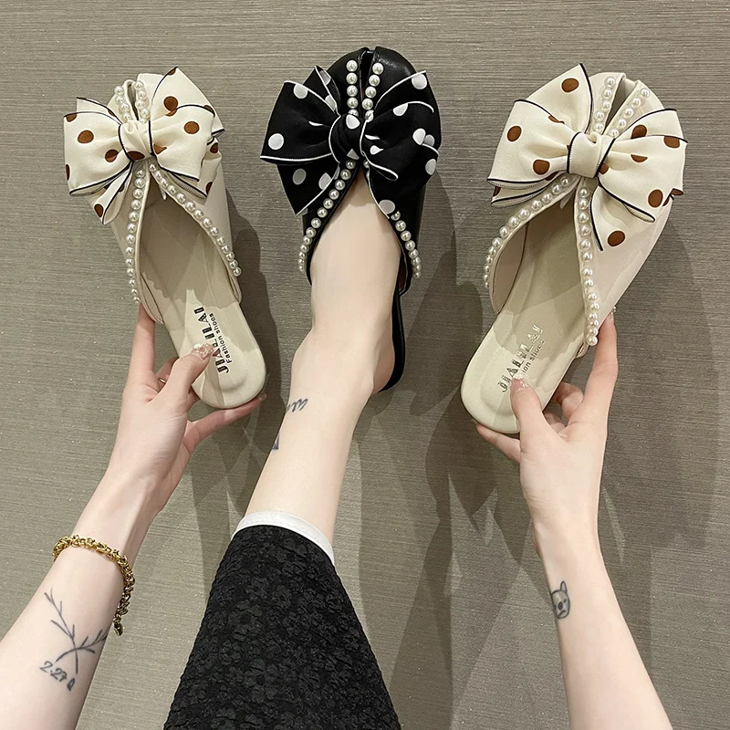 

Тапки женские на низком квадратном каблуке, милые повседневные однотонные шлепанцы с бусинами, с бантом-бабочкой, летняя обувь