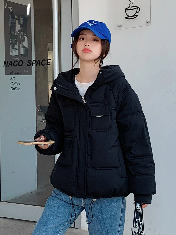 Black 2023 Cotton Padded Short Parkas New Hooded Down Winter Jacket Women 6 Color Thick Warm Winter Coat Female Outerwear