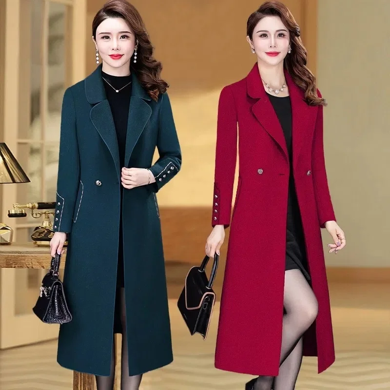 

New Women Double-Faced Wool Blends Coat Winter 2023 Fashion Suit Collar Long Jacket Warm Slim Tops Camel Black Outerwear Female