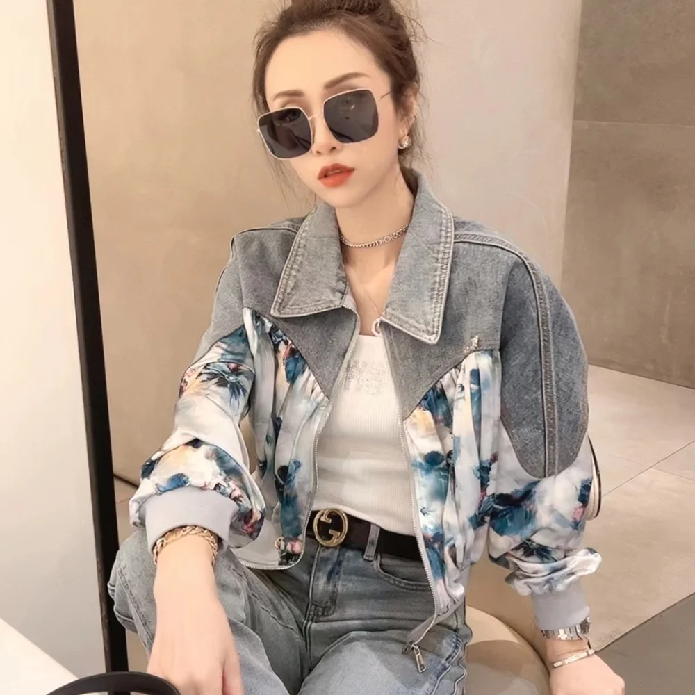 Осень 2023 новая корейская джинсовая куртка со сращенной отделкой женское
