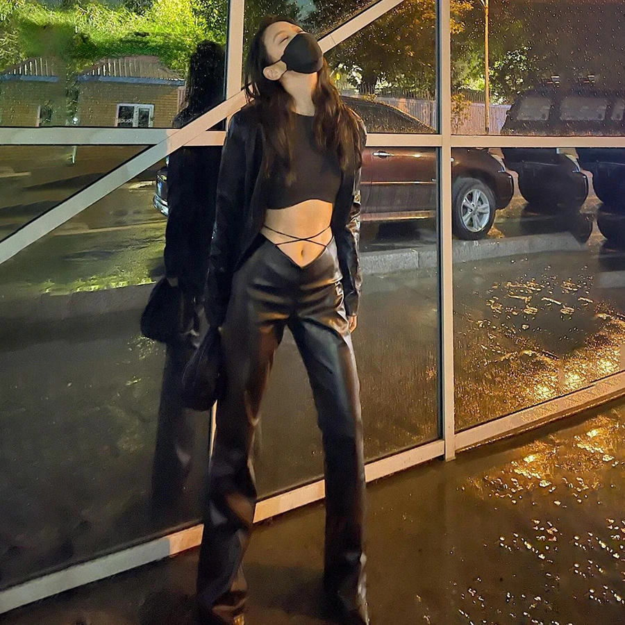 

combinaison femme ropa aesthetic y2k clothes Autumn Faux PU Leather Bandage Solid Flare Pants Women High Waist Vintage Punk Al