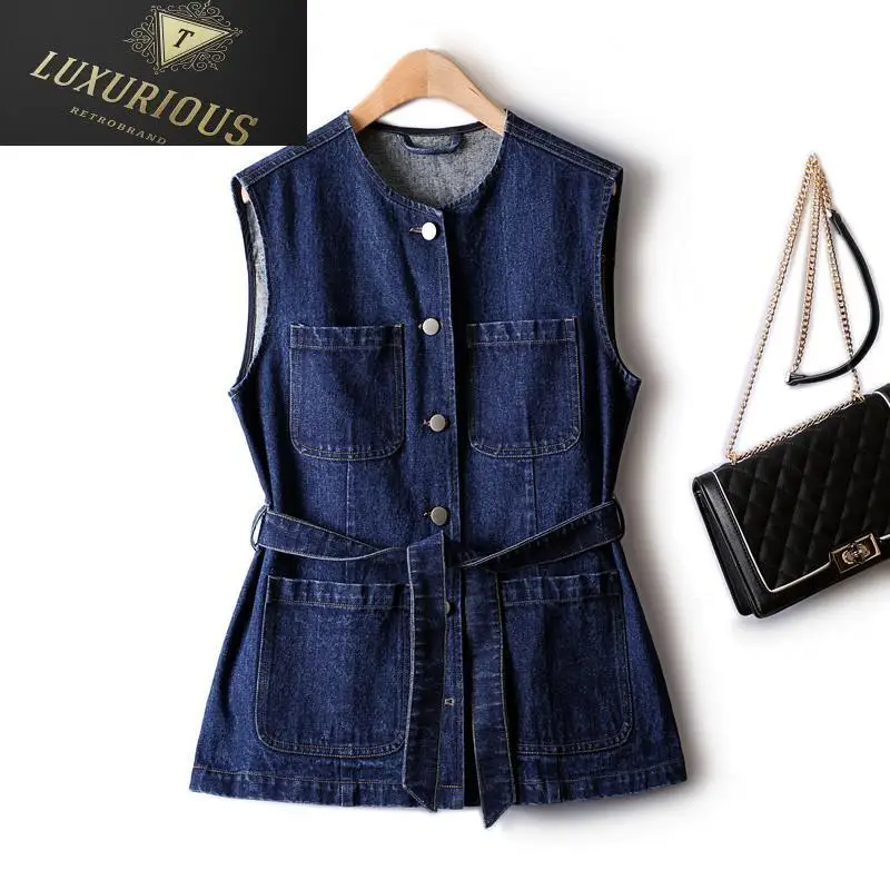 

Jackets For Women 2024 New Retro Autumn Large Pocket Denim Female Clothing Waist Casual Outer Wear Sleeveless Vests Woman 4XL