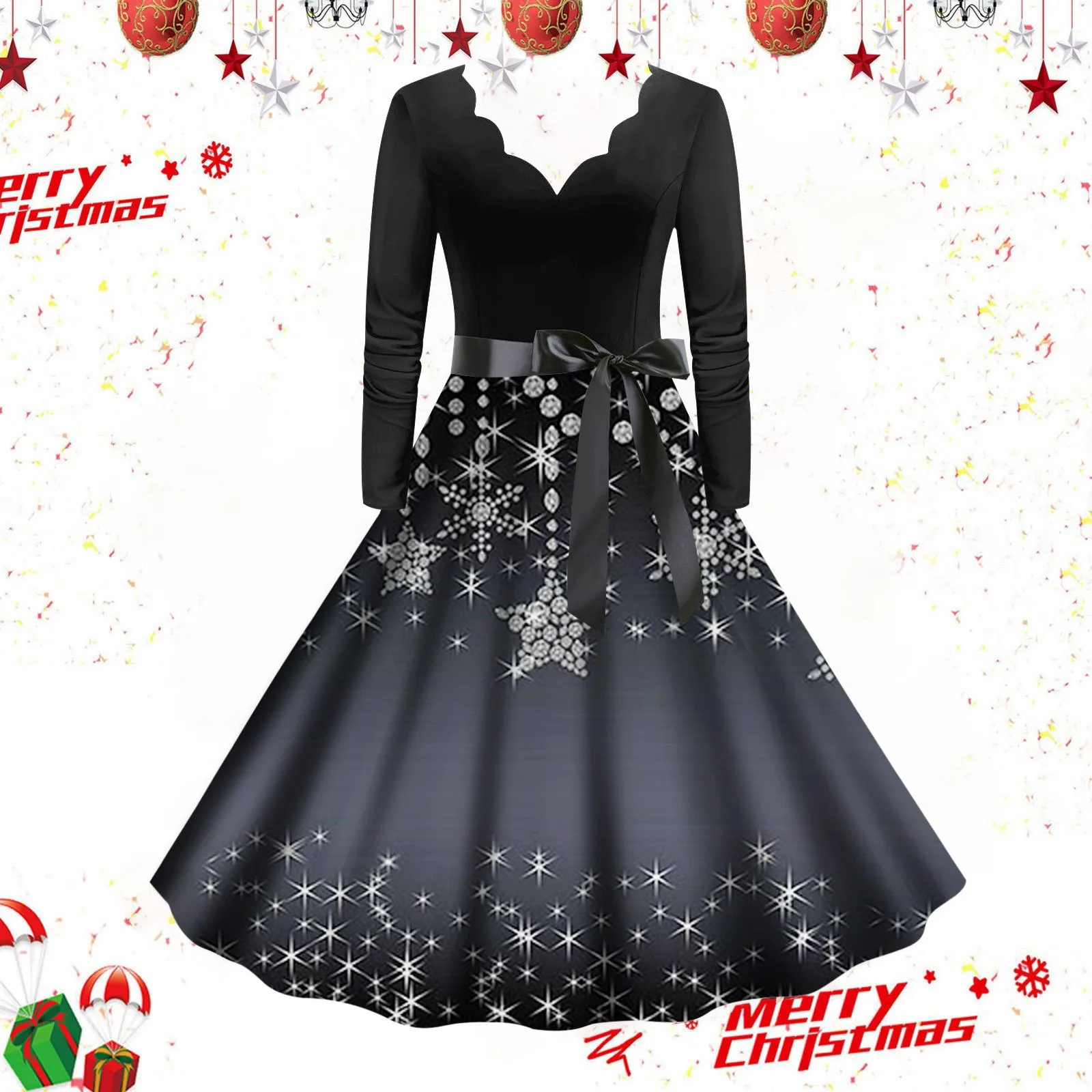 

Womens Dresses Elegant Pretty Christmas Snowflake Print Long Sleeve Retro Vintage 50s 60s Rockabilly Party Dresses Prom Vestidos
