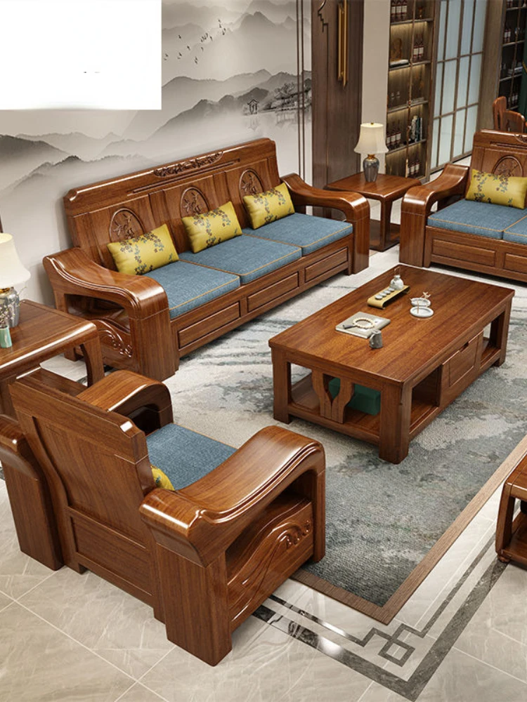 

Light luxury Chinese-style solid wood sofa combination living room winter and summer corner wooden furniture couch