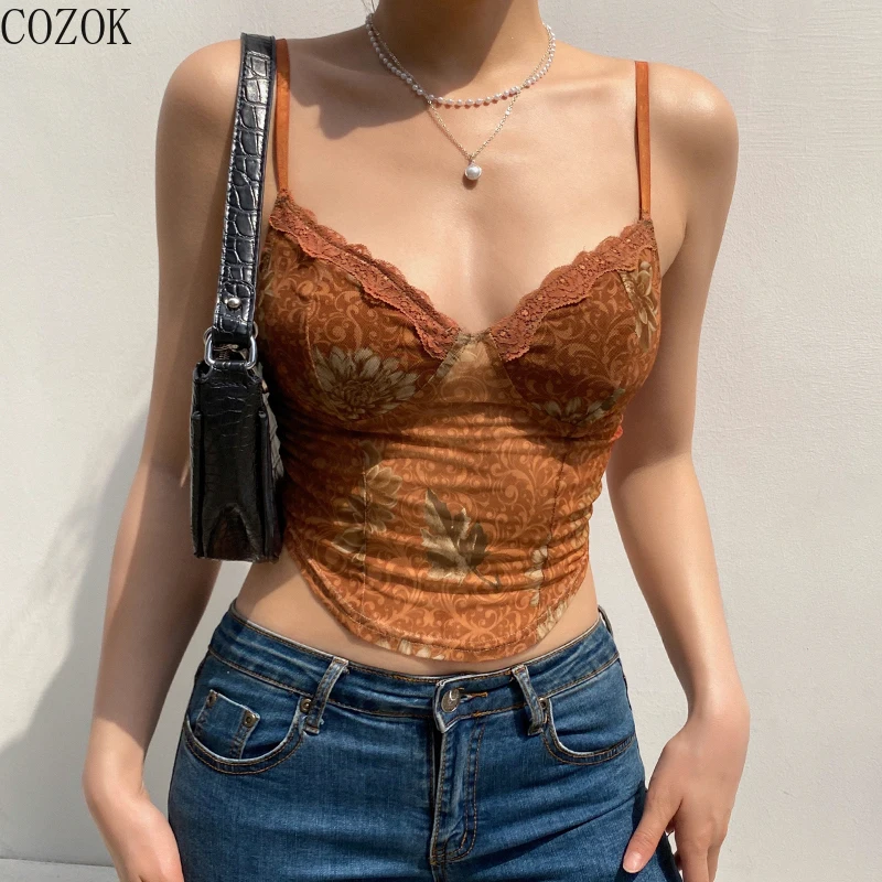 

COZOK European and American Niche Special Printed Mesh Chest Camisole Sexy Hot Girl Outer Wear Brown Camisole