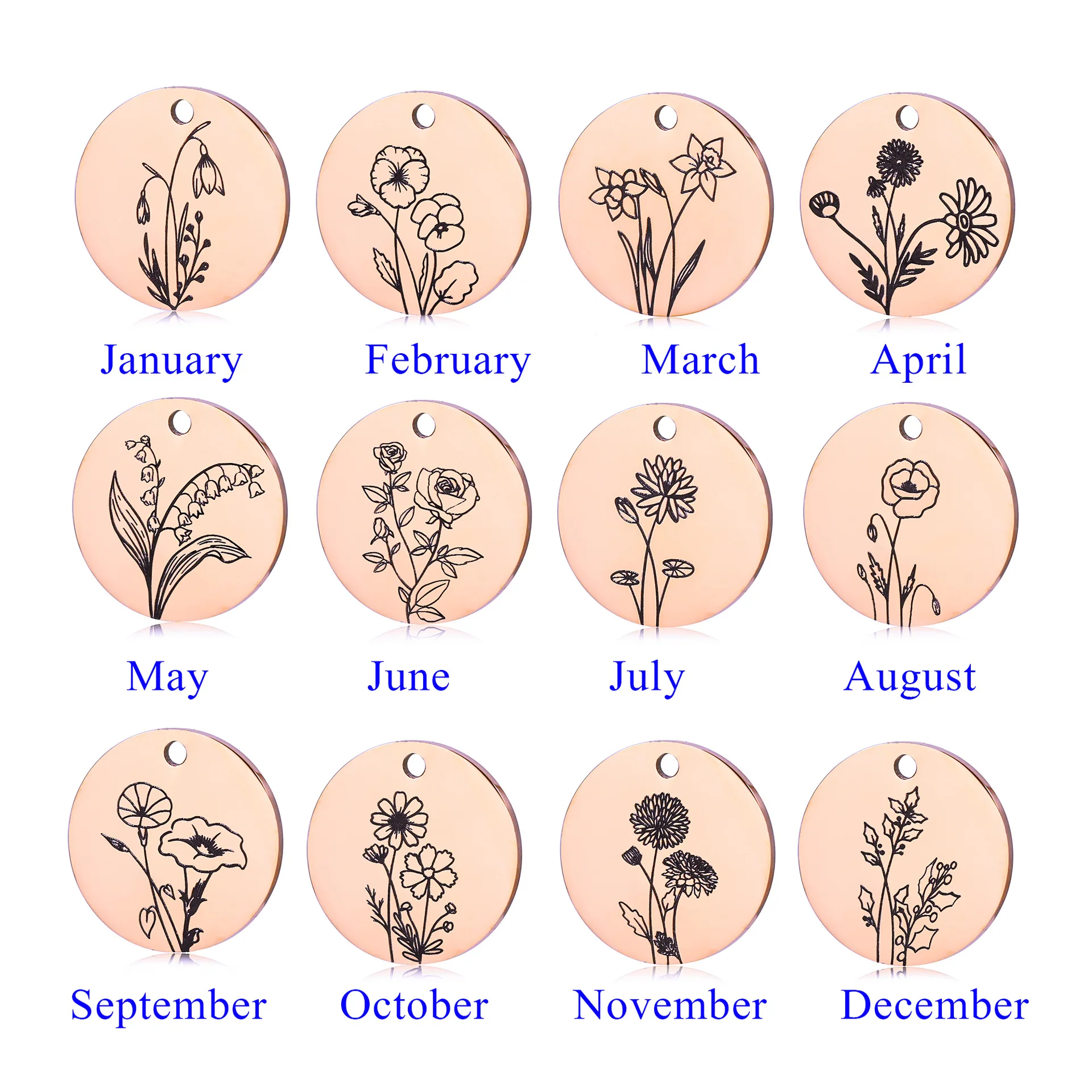 

5Pcs Birth Flower Bracelet Necklaces Floral Pendants Stainless Steel Flower Disk Charms Handmade Jewelry Birthday Gifts Making