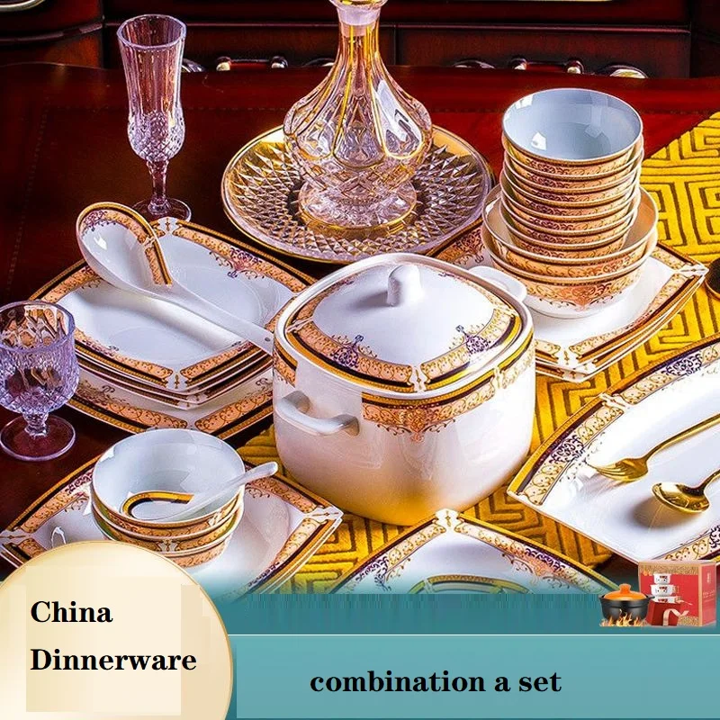 

Dinnerware Set 50pcs Combination Ceramic Tableware Bone China Health Dinner Set Plates and Dishes Bowls