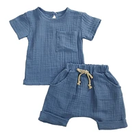 baby boys girls casual cotton clothes set short sleeve round neckline top with elastic waistband drawstring waist shorts