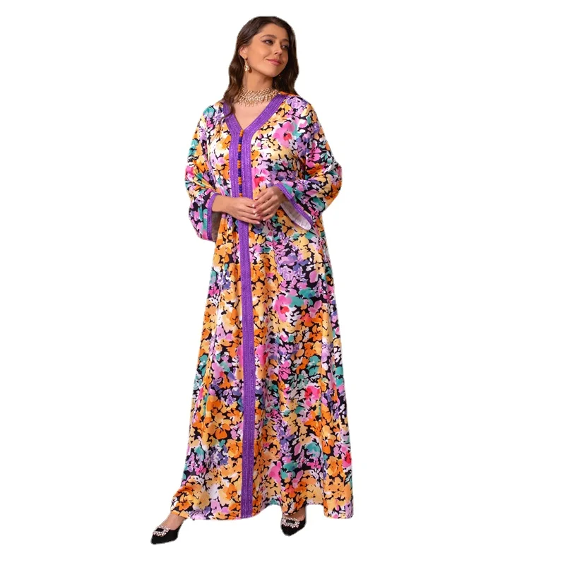 Abaya Dubai Turkey Muslim Hijab Dress V Neck Long Sleeve Purple Kaftan Dresses Robe Caftan Marocain
