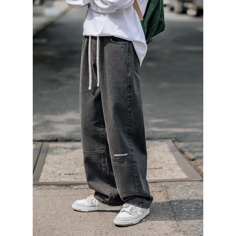 Oversized Jeans Cotton Men's Straight Leg Slacks Men's New Style Spliced Rubber Waistband Washed Vintage Long Pants