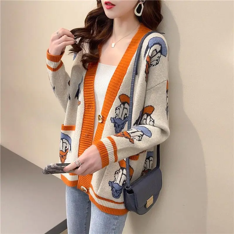 

Autumn Clothing Cartoon Sweater Cardigan Coat for Women Loose Versatile Women's Knitted Top Spring and Autumn Thin Outer Wear