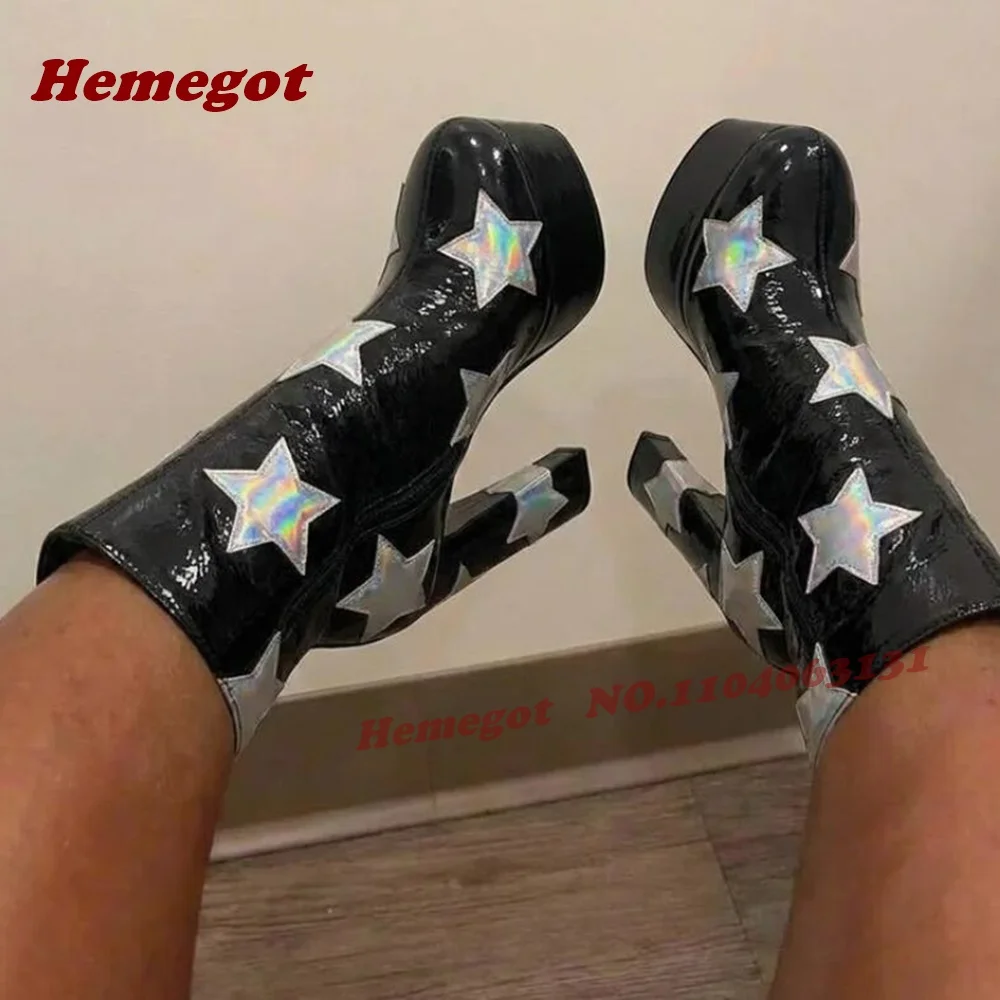 Фото Черные ботильоны на платформе с массивным каблуком, с серебряной звездой и боковой молнией, глянцевые, в стиле ретро, женские зимние ботинки Y2K, готические повседневные туфли 2026 №3
