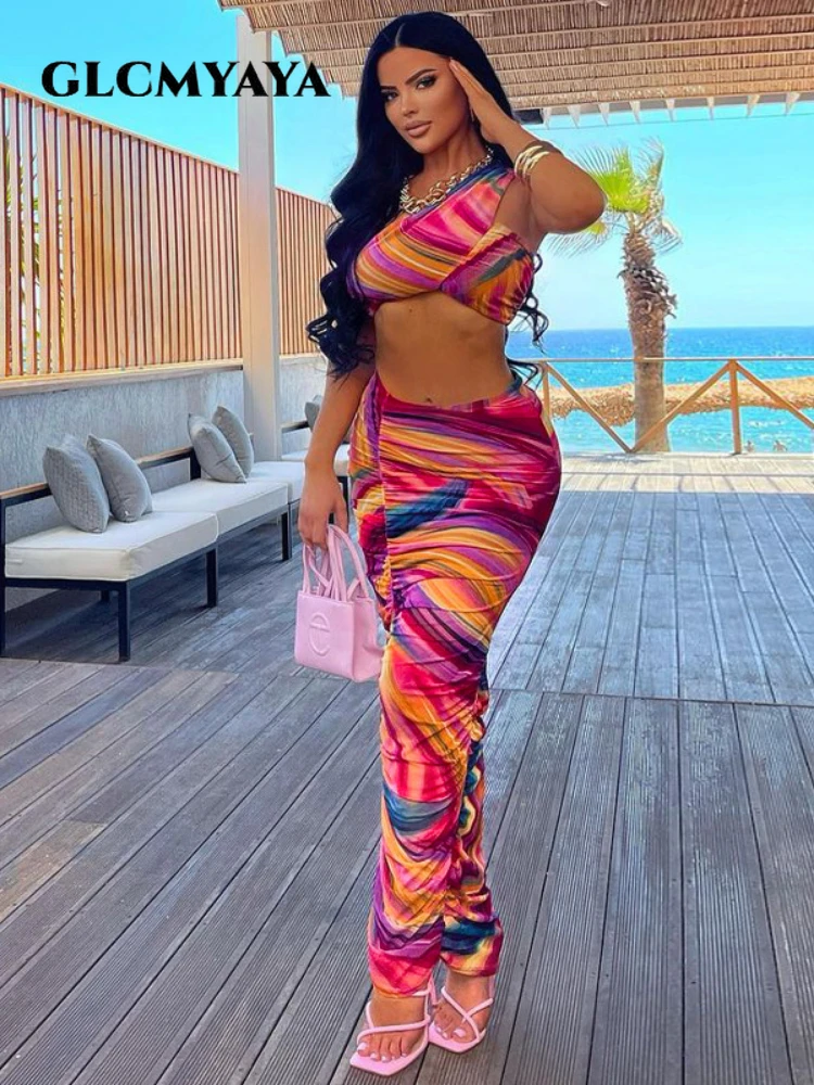 

GLCMYAYA Casual tie dye striped Women one shoulder Crop Top and ruched stacked pants Two 2 Piece Set Outfit Fashion Tracksuit