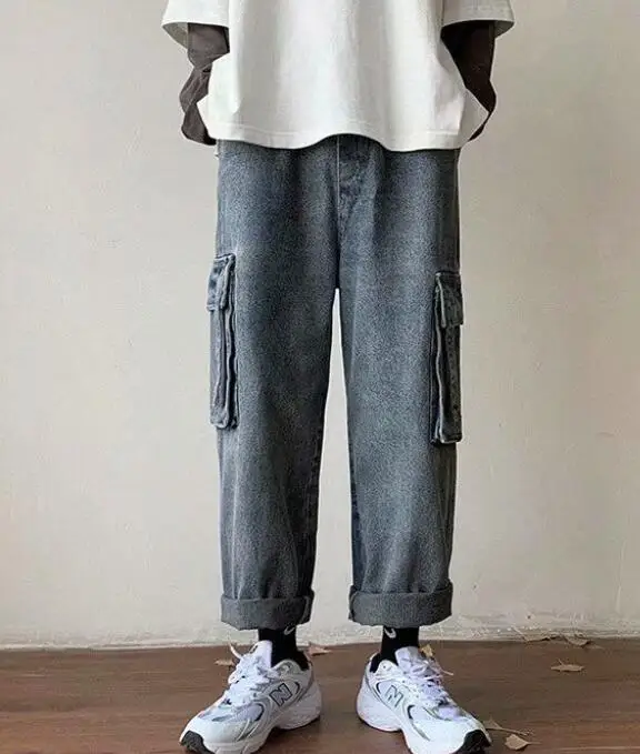 Retro Washed Workwear Jeans Men Trend Loose Wide Leg Nine Points Pants Baggy Jeans