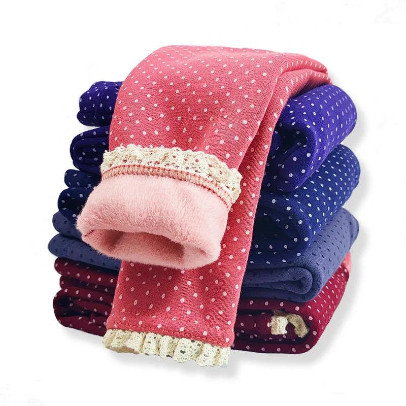 

Autumn and Winter Girlskidsleggingschildren Single-Layer Fleece-Lined plus Velvet Lace Edge Polka Dot Long Sweet Baby Girl Slim