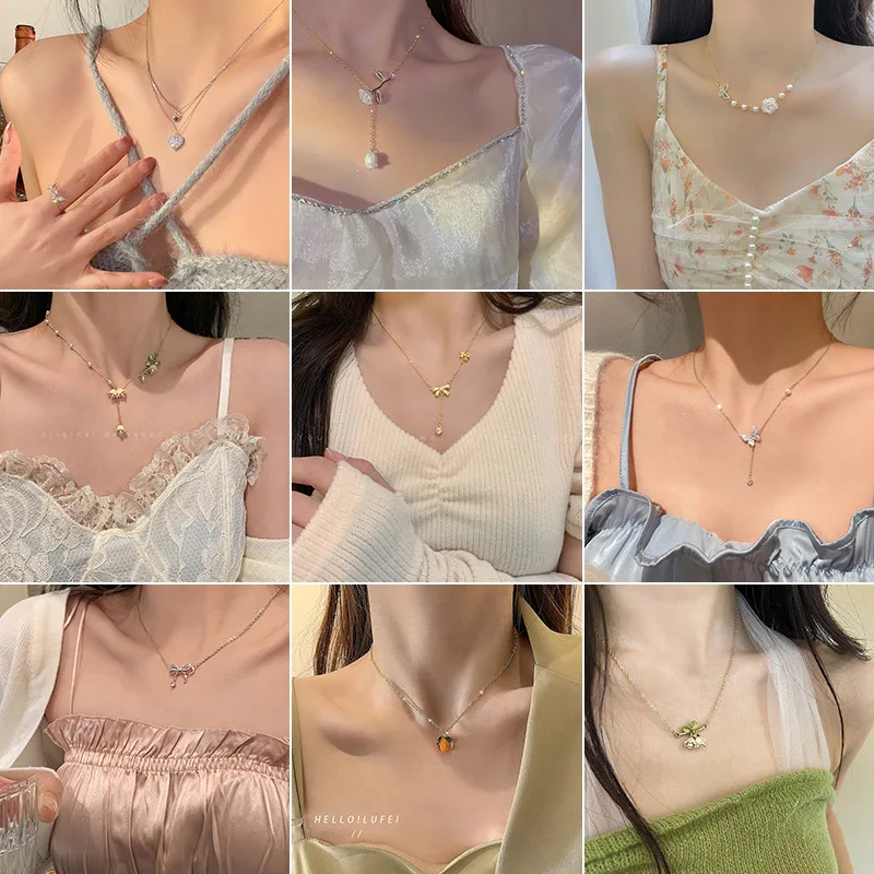 

Spicy Girls Charm Pendant Ornaments Small Insist Wind Collar Chain Bowknot Flower Light Luxury Color-preserving Necklace Girl