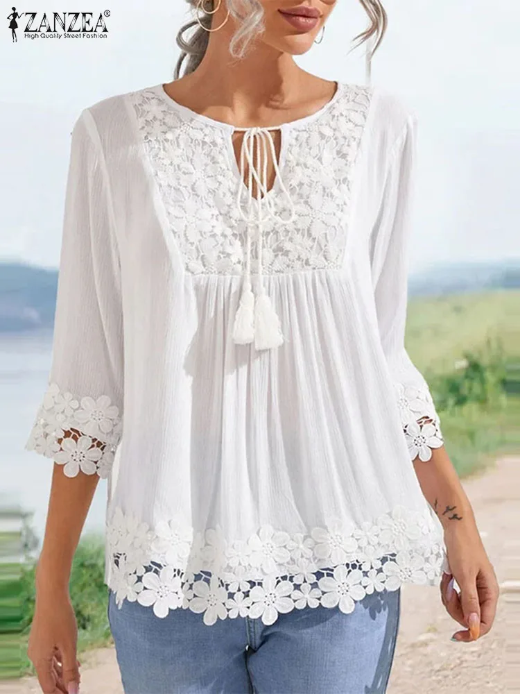 

ZANZEA Holiday 3/4 Sleeve Plain Blusas Fashion Women Lace Trim Blouse Summer O-neck All-match Tunic Tops Oversize Lace Up Shirts