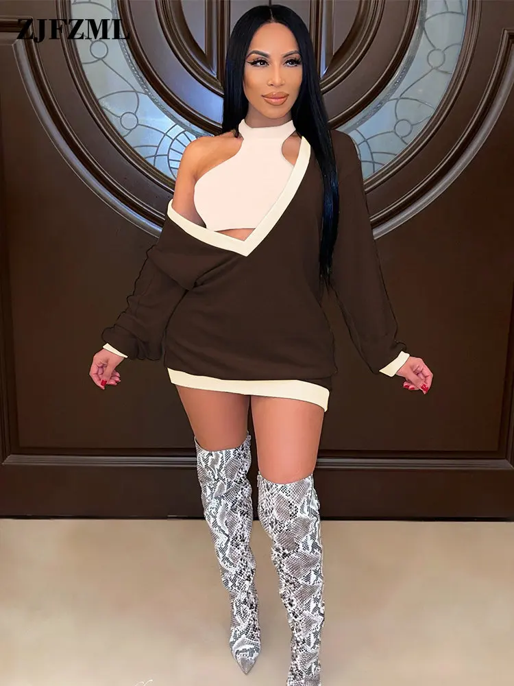 

Active Wear Color Block Two Piece Dress Sets Women Off Shoulder Bandage Crop Top and Long Sleeve T-shirt Dresses Female Outfits