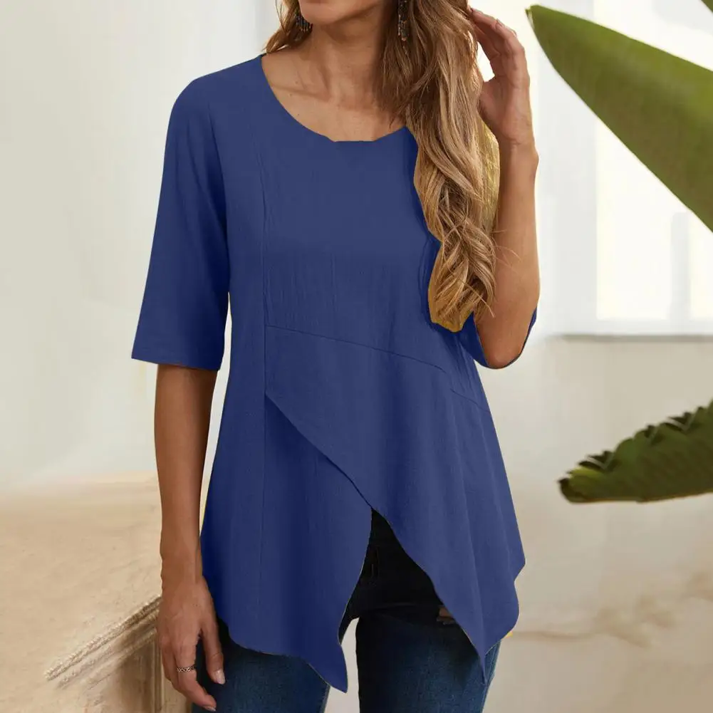 

Women T-shirt Spring Summer O-neck Half Sleeve Pullover Tops Irregular Split Hem Slim Fit Tee Shirt Solid Color Loose Blouse